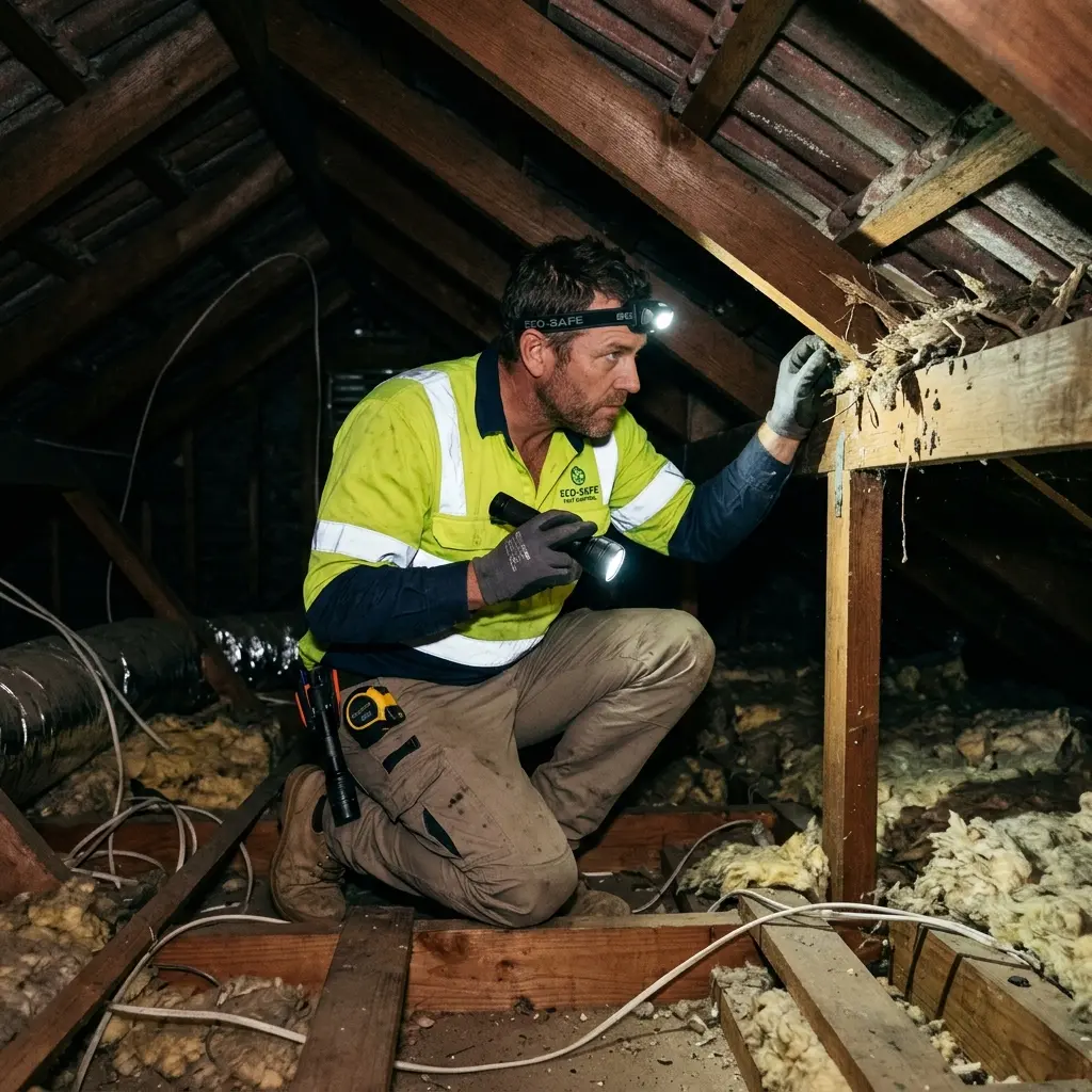 Technician inspecting a roof cavity for a dead animal in Clyde North