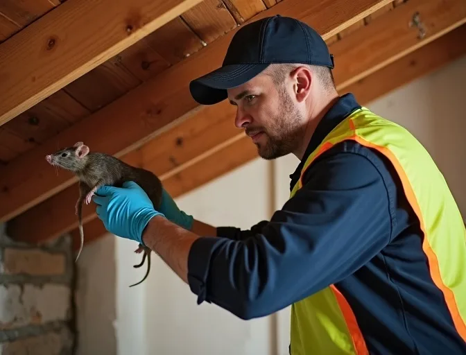 Technician inspecting a roof cavity for a dead rat in Clyde North